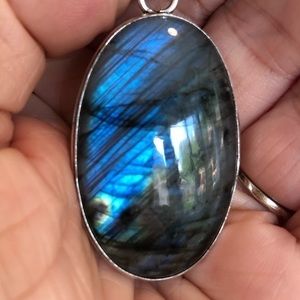 Fiery Labradorite Gorgeous Iridescent Blue 925 Sterling Silver Necklace Pendant